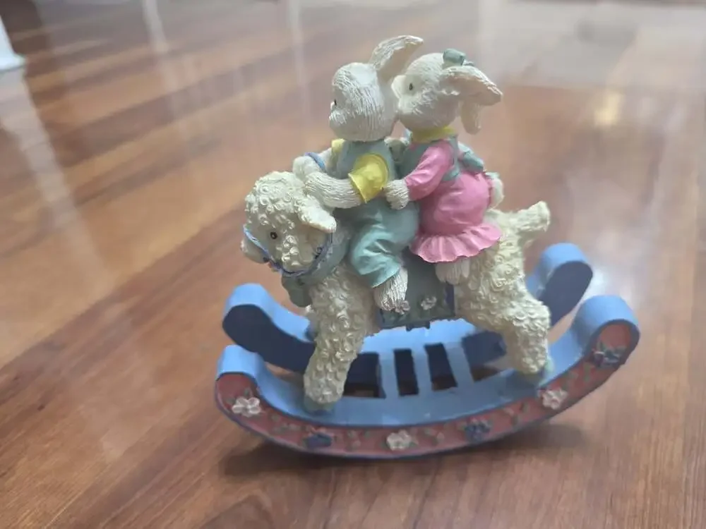 Vintage Resin Easter Bunny Rabbit Figurines Riding On Blue Rocking Lamb READ